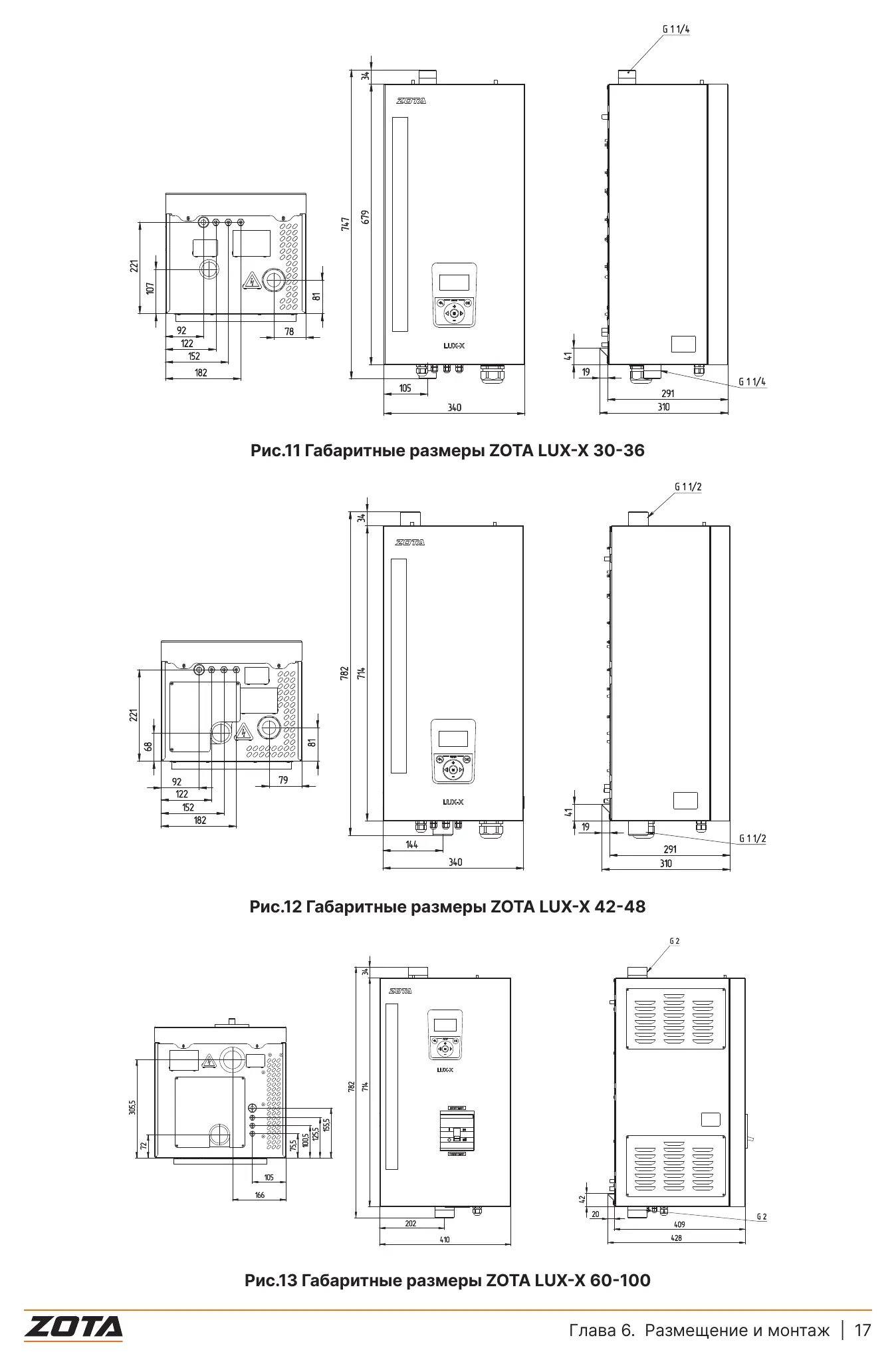 Габаритные размеры котлов ZOTA LUX-X мощностью от 30 до 100 кВт