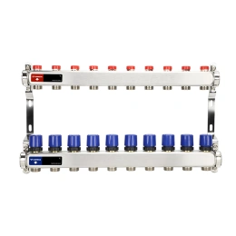 Распределительный коллектор (группа) для отопления Varmega VM15510 ВР 1″, на 10 контуров 3/4″ EK, нержавеющая сталь