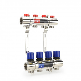 Коллекторная группа для отопления Varmega VM15804 ВР 1″, на 4 контура 3/4″ EK, латунь
