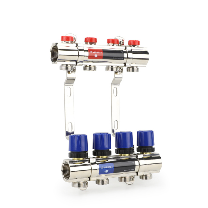 Коллекторная группа для отопления Varmega VM15804 ВР 1", на 4 контура 3/4" EK, латунь