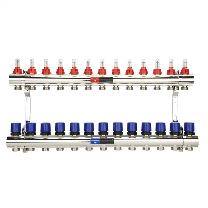 Коллекторная группа с расходомерами Varmega VM15413 ВР 1", на 13 контуров 3/4" EK, латунь