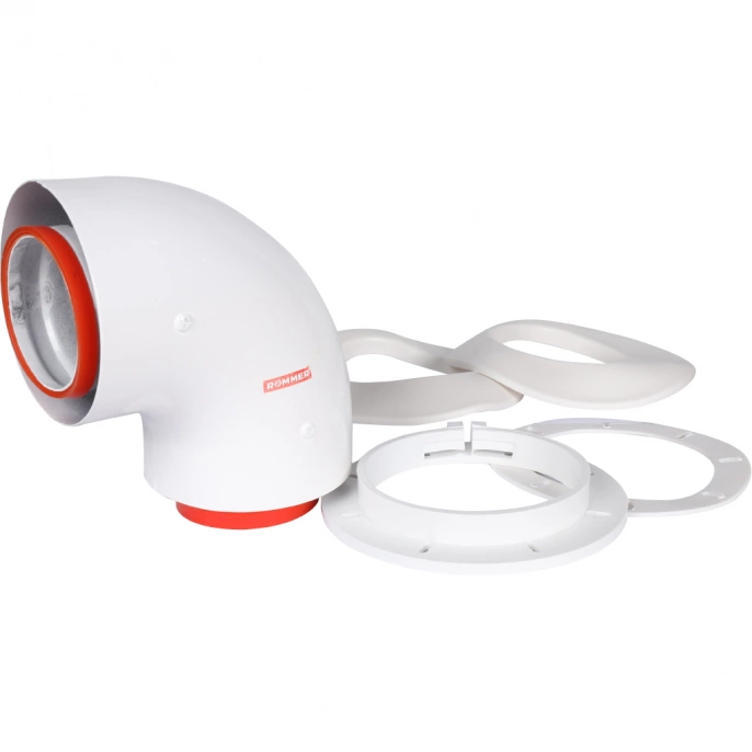 Начальный участок Rommer 90° D 60/100 (Bosch, Buderus, Navien S/C/E, Baxi ECO Nova/Classic,  Baltur, Лемакс, Fondital ) в комплекте фланец