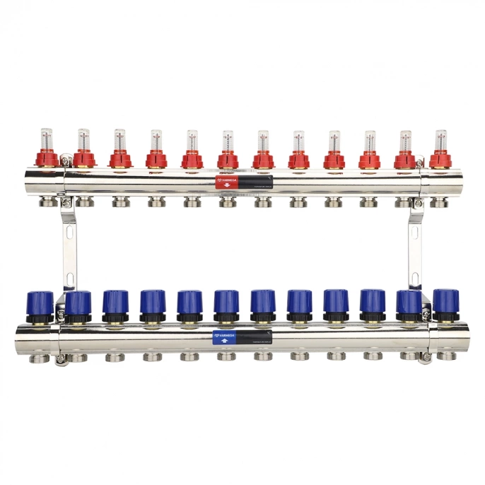 Коллекторная группа с расходомерами Varmega VM15412 ВР 1", на 12 контуров 3/4" EK, латунь