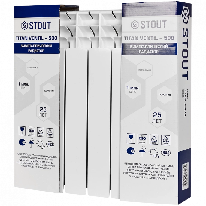 Радиатор биметаллический Stout TITAN VENTIL 500 6 секций нижнее правое подключение