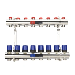 Коллекторная группа для отопления Varmega VM15808 ВР 1″, на 8 контуров 3/4″ EK, латунь