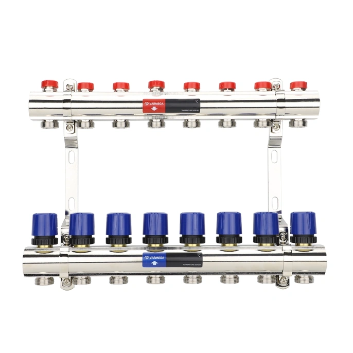 Коллекторная группа для отопления Varmega VM15808 ВР 1", на 8 контуров 3/4" EK, латунь