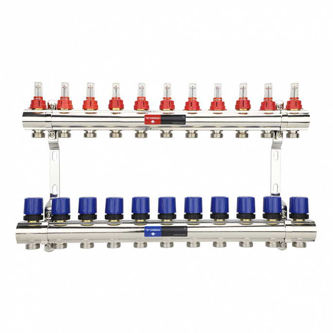 Коллекторная группа с расходомерами Varmega VM15411 ВР 1", на 11 контуров 3/4" EK, латунь