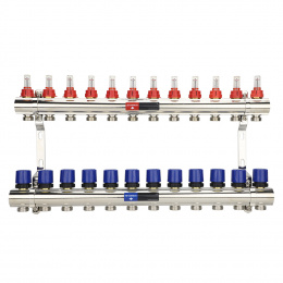 Коллекторная группа с расходомерами Varmega VM15412 ВР 1″, на 12 контуров 3/4″ EK, латунь