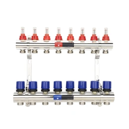 Коллекторная группа с расходомерами Varmega VM15408 ВР 1″, на 8 контуров 3/4″ EK, латунь