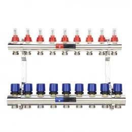 Коллекторная группа с расходомерами Varmega VM15409 ВР 1″, на 9 контуров 3/4″ EK, латунь