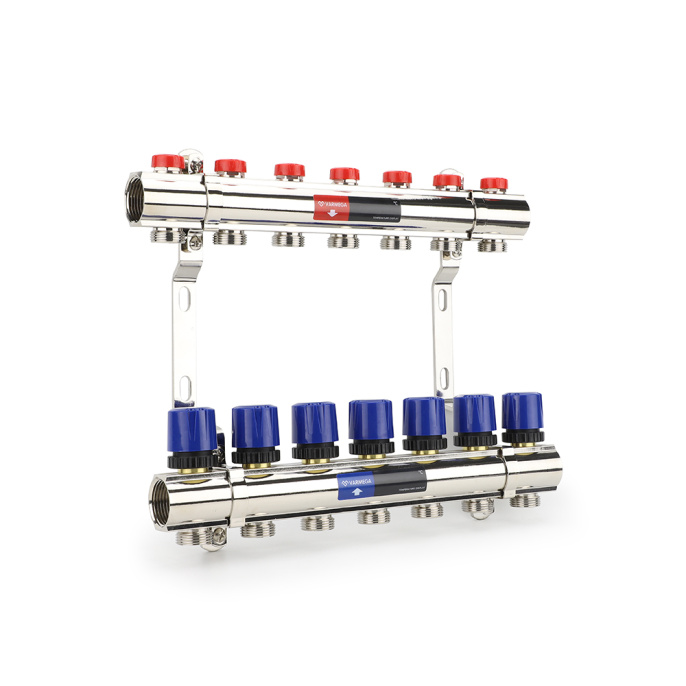 Коллекторная группа для отопления Varmega VM15807 ВР 1", на 7 контуров 3/4" EK, латунь