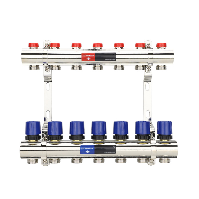 Коллекторная группа для отопления Varmega VM15807 ВР 1", на 7 контуров 3/4" EK, латунь