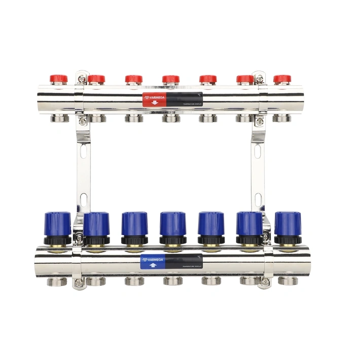 Коллекторная группа для отопления Varmega VM15807 ВР 1", на 7 контуров 3/4" EK, латунь
