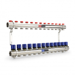Коллекторная группа для отопления Varmega VM15813 ВР 1″, на 13 контуров 3/4″ EK, латунь