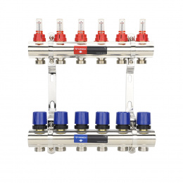 Коллекторная группа с расходомерами Varmega VM15406 ВР 1″, на 6 контуров 3/4″ EK, латунь