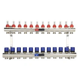 Коллекторная группа с расходомерами Varmega VM15412 ВР 1″, на 12 контуров 3/4″ EK, латунь