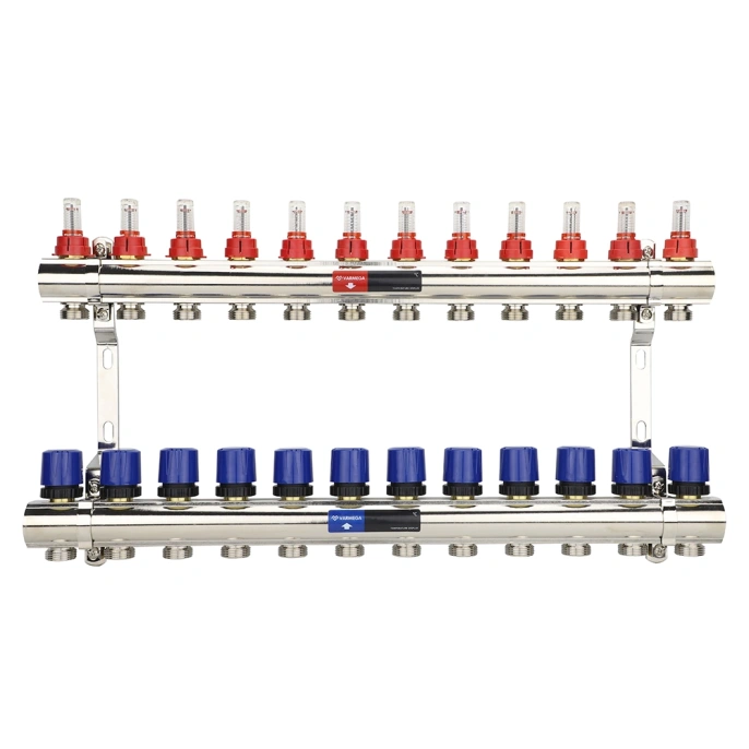 Коллекторная группа с расходомерами Varmega VM15412 ВР 1", на 12 контуров 3/4" EK, латунь