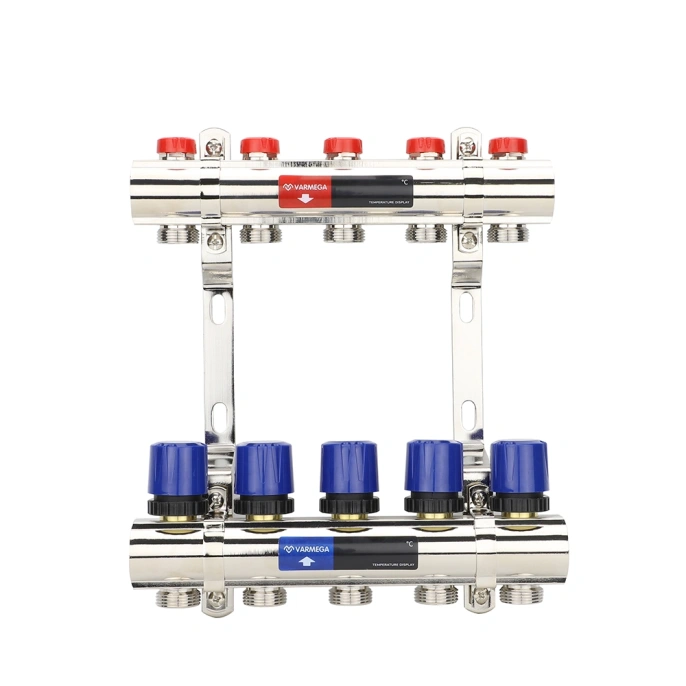 Коллекторная группа для отопления Varmega VM15805 ВР 1", на 5 контуров 3/4" EK, латунь