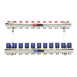 Коллекторная группа для отопления Varmega VM15811 ВР 1″, на 11 контуров 3/4″ EK, латунь