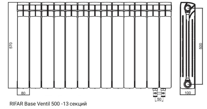 Биметалический радиатор Rifar Base Ventil 500 (правый) 13 секций