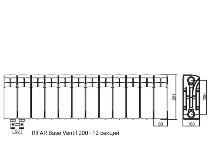 Биметалический радиатор Rifar Base Ventil 200 (левый) 12 секций