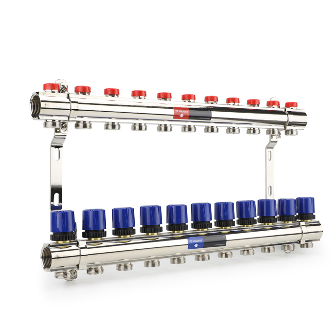Коллекторная группа для отопления Varmega VM15811 ВР 1", на 11 контуров 3/4" EK, латунь