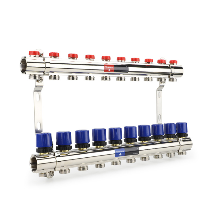 Коллекторная группа для отопления Varmega VM15810 ВР 1", на 10 контуров 3/4" EK, латунь