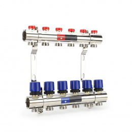 Коллекторная группа для отопления Varmega VM15806 ВР 1″, на 6 контуров 3/4″ EK, латунь