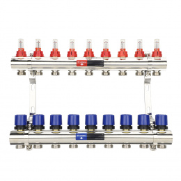 Коллекторная группа с расходомерами Varmega VM15409 ВР 1″, на 9 контуров 3/4″ EK, латунь
