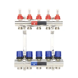 Коллекторная группа с расходомерами Varmega VM15405 ВР 1″, на 5 контуров 3/4″ EK, латунь