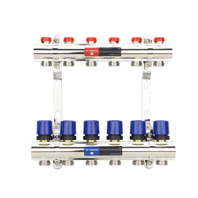 Коллекторная группа для отопления Varmega VM15806 ВР 1", на 6 контуров 3/4" EK, латунь