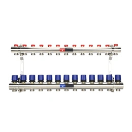 Коллекторная группа для отопления Varmega VM15813 ВР 1″, на 13 контуров 3/4″ EK, латунь