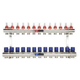 Коллекторная группа с расходомерами Varmega VM15413 ВР 1″, на 13 контуров 3/4″ EK, латунь