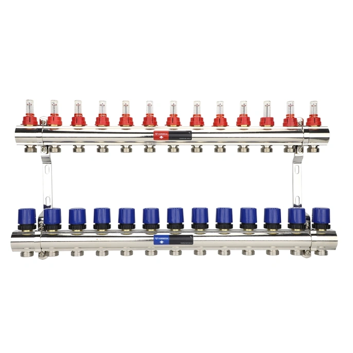 Коллекторная группа с расходомерами Varmega VM15413 ВР 1", на 13 контуров 3/4" EK, латунь