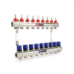 Коллекторная группа с расходомерами Varmega VM15409 ВР 1″, на 9 контуров 3/4″ EK, латунь