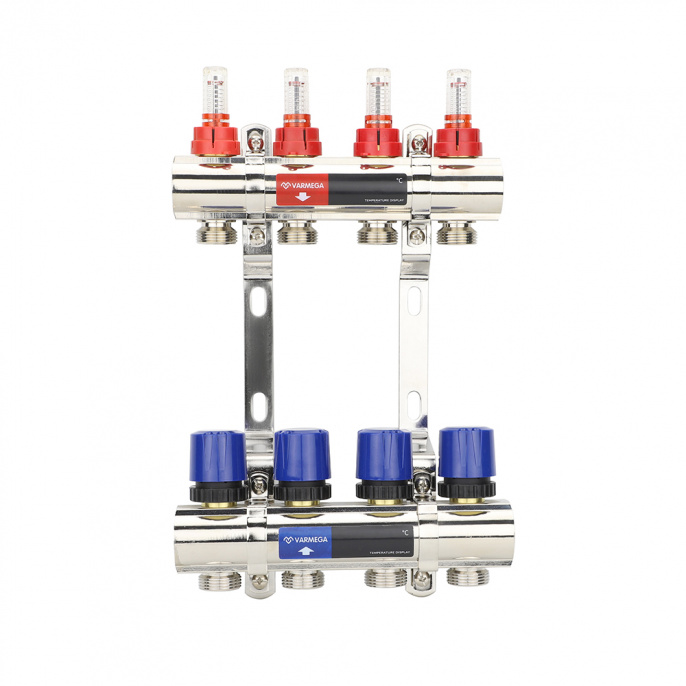 Коллекторная группа с расходомерами Varmega VM15404 ВР 1", на 4 контура 3/4" EK, латунь