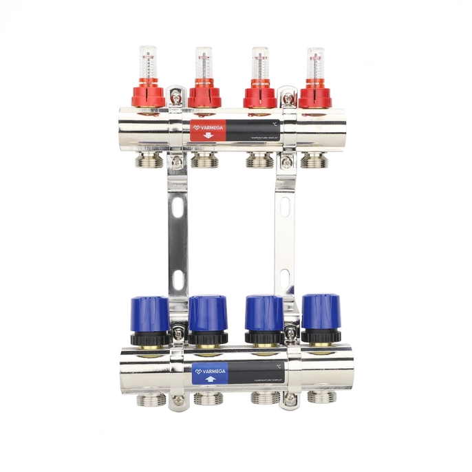 Коллекторная группа с расходомерами Varmega VM15404 ВР 1", на 4 контура 3/4" EK, латунь