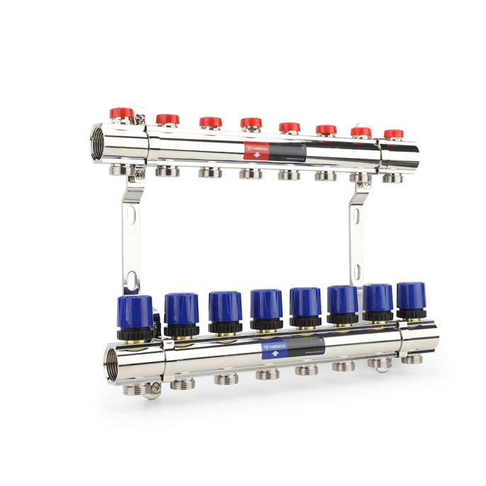 Коллекторная группа для отопления Varmega VM15808 ВР 1", на 8 контуров 3/4" EK, латунь