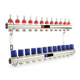 Коллекторная группа с расходомерами Varmega VM15412 ВР 1″, на 12 контуров 3/4″ EK, латунь
