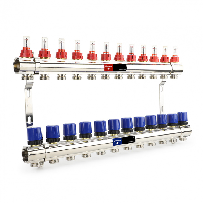 Коллекторная группа с расходомерами Varmega VM15412 ВР 1", на 12 контуров 3/4" EK, латунь