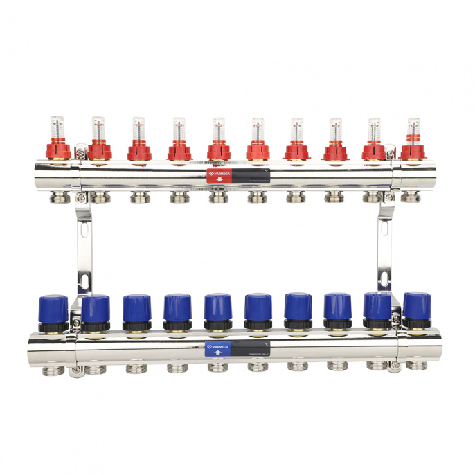 Коллекторная группа с расходомерами Varmega VM15410 ВР 1", на 10 контуров 3/4" EK, латунь