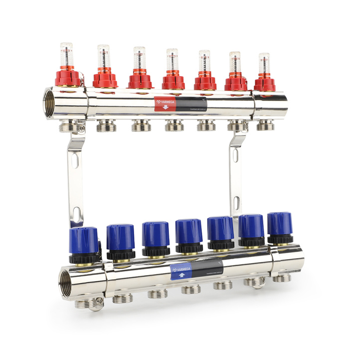 Коллекторная группа с расходомерами Varmega VM15407 ВР 1", на 7 контуров 3/4" EK, латунь