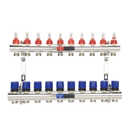 Коллекторная группа с расходомерами Varmega VM15410 ВР 1″, на 10 контуров 3/4″ EK, латунь