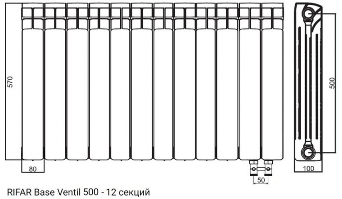 Биметалический радиатор Rifar Base Ventil 500 (правый) 12 секций